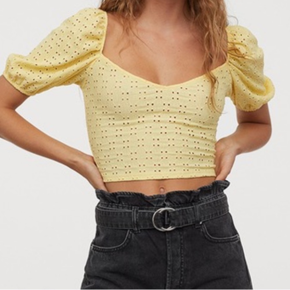 Eyelet Crop Top with Puff Sleeves in White Size Medium